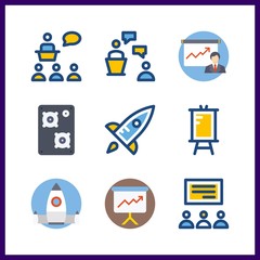 9 training icon. Vector illustration training set. startup and lecture icons for training works