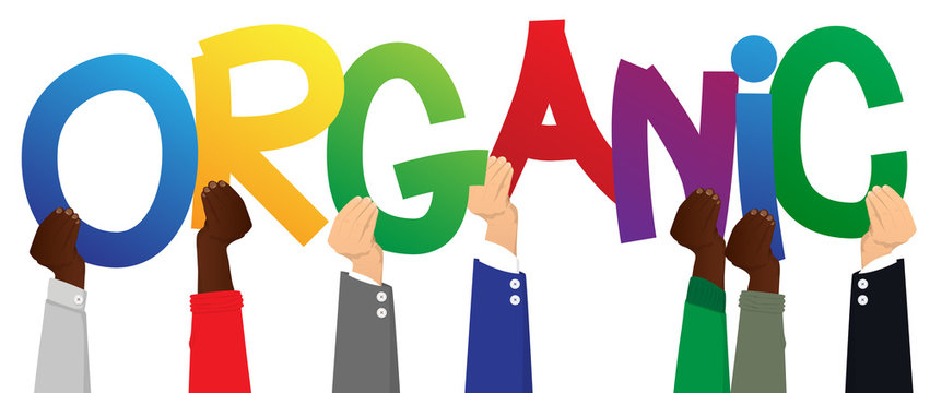 Diverse hands holding letters of the alphabet created the word Organic. Vector illustration.