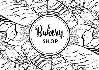 Bakery shop banner or cover with line hand drawn bread, long loaf and croissants. Vector illustration of outline fresh baking products in sketch style with white round label.