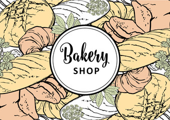 Vector illustration of bakery shop horizontal banner or menu cover with hand drawn different types of bread, croissants and green spices - fresh flour pastry products with greenery.