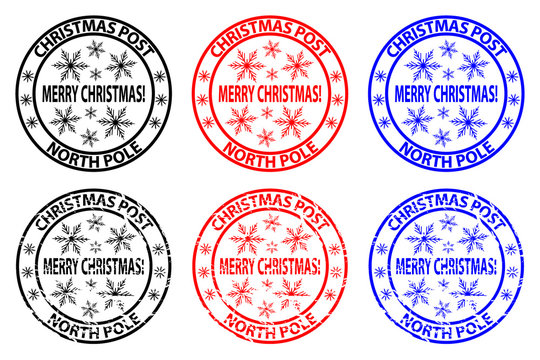Merry Christmas, Christmas Post - North Pole - rubber stamp - sticker - vector - black, red, blue,