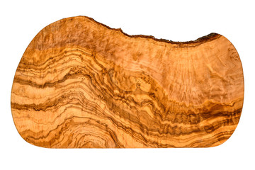 Top view of an olive wood serving and cutting board with vivid wood grain pattern isolated on white.