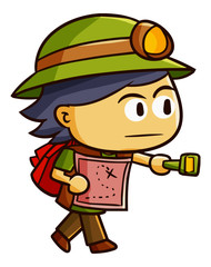 Cute and funny boy scout walking holding flashlight - vector