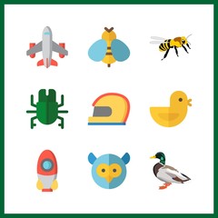9 wing icon. Vector illustration wing set. bee and helmet icons for wing works
