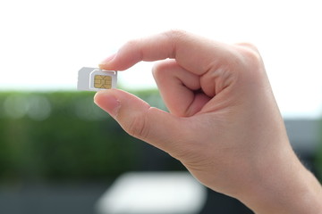 Hand holding mobile sim card.