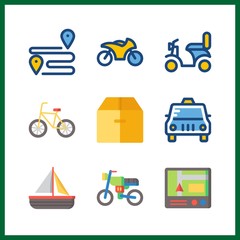 9 transport icon. Vector illustration transport set. sail boat and motorbike icons for transport works