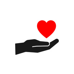 Isolated icon of red heart on black hand on white background. Silhouette of heart and hand. Symbol of care, love, charity. Flat design.