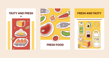 Food stickers card vector illustration. Tasty and fesh food patch banner. Cartoon dairy products, vegetables, drinks.