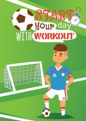 Fototapeta premium Football player poster vector illustration. Healthy lifestyle and sport concept. Start your day with workout. Sportsman in uniform with ball on field.