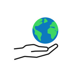 Isolated outline icon of green planet, earth in black hand on white background. Color globe and line hand. Symbol of care, protection. Save planet. Flat design.