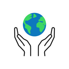 Isolated outline icon of green planet, earth in black hands on white background. Color globe and line hands. Symbol of care, protection. Save planet. Flat design.