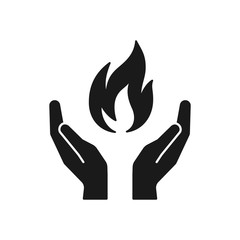 Fototapeta na wymiar Black isolated icon of flame in hands on white background. Silhouette of fire and hands. Symbol of healing. Flat design