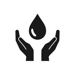Fototapeta na wymiar Black isolated icon of water drop, oil in hands on white background. Silhouette of aqua drop and hands. Symbol of care, charity. Save water. Flat design.