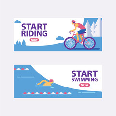 Triathlon track vector illustration. Start swimming, riding banners. Fast sportsman in triathlon game, exercise sport concept set. Healthy lifestyle. Fit male characters. - obrazy, fototapety, plakaty