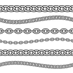 Obraz premium Set of black isolated outline chains on white background. Seamless pattern of line chain. Decorative border.