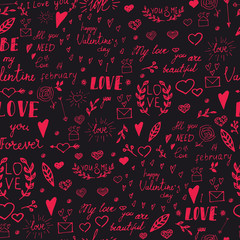 Seamless pattern with drawn design elements for Valentine's day. Hand drawn. Vector illustration