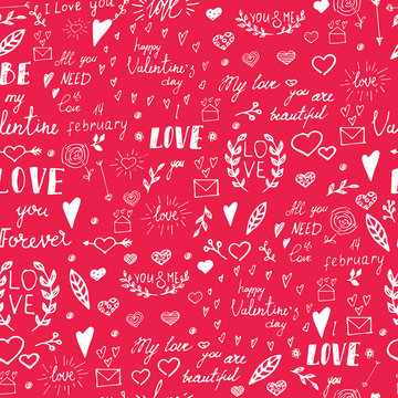 Seamless pattern with drawn design elements for Valentine's day