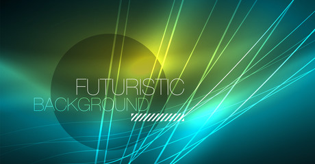 Digital technology abstract background - neon geometric design. Abstract glowing lines. Colorful techno background. Futuristic shape.