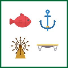 4 fishing icon. Vector illustration fishing set. boat rule and kid trapoline icons for fishing works