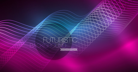 Abstract shiny glowinng color wave design element on dark background - science or technology concept