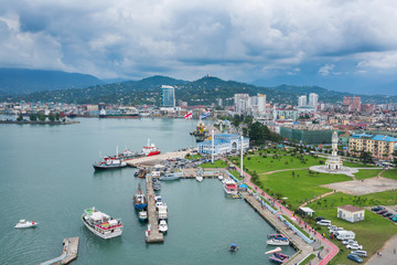 Fototapeta na wymiar Batumi, Georgia - August 06, 2018: Batumi Sea Port with boats. Moorage for boats. Marine port