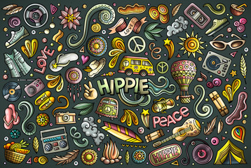 Fototapeta na wymiar Cartoon set of Hippie objects and symbols