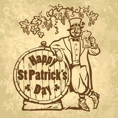 Vintage Happy St Patricks Day card or poster. Leprechaun character holding beer mug leaning on barrel with text. Hand drawn sketch vector illustration isolated on old paper.