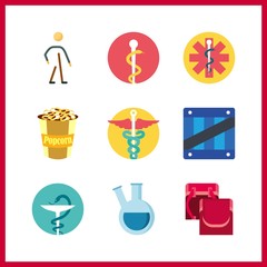 9 pack icon. Vector illustration pack set. school bag for girl and popcorn icons for pack works