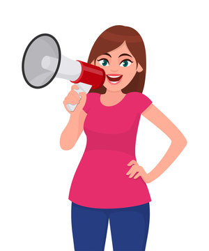 Attractive woman holding a megaphone/loud speaker and holding hand on hip. Girl making announcement with megaphone. Megaphone and loudspeaker concept illustration in vector cartoon style.