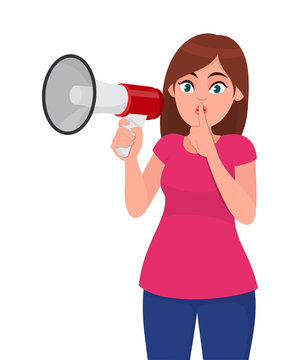 Young woman holding a megaphone/loud speaker, asking for silence, closed her mouth with index finger. Shh! Silence please! Keep quiet! Concept illustration in vector cartoon style.
