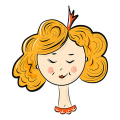 Vector illustration. Cartoon style, haughty princess with closed eyes in the crown, isolated portrait
