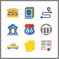 9 american icon. Vector illustration american set. passport and route icons for american works