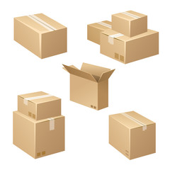 Isometric carton packaging box vector icons. Realistic mockups of brown delivery packages isolated on white background. IIlustration of a set of different cardboard boxes