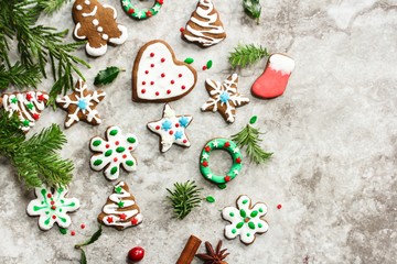 Homemade Christmas new year decorated gingerbread cookies