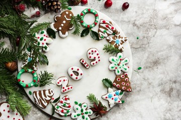 Homemade Christmas new year decorated gingerbread cookies