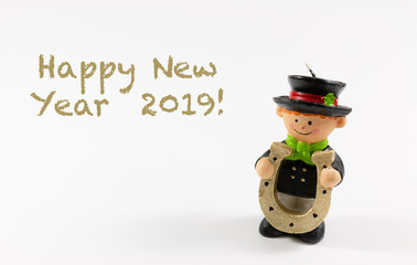 Happy New Year 2019 mit Element Schornsteinfeger auf weißem Hintergrund