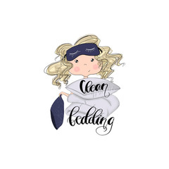 Blonde Hair Girl With Pillows Isolated On A White Background Clean Bedding Hand Drawn Illustration