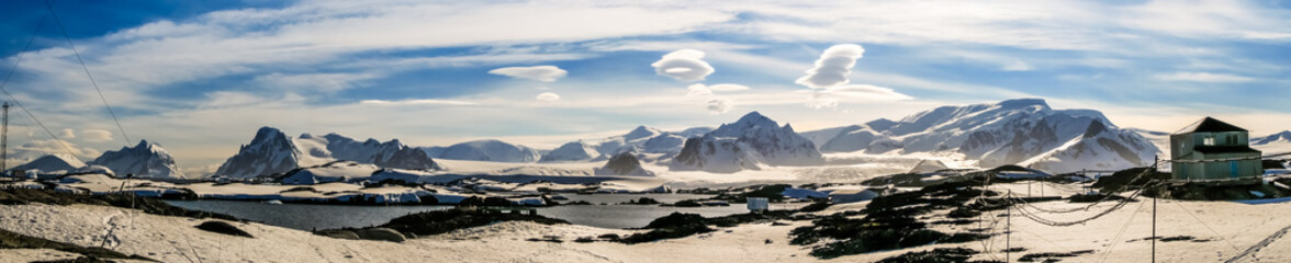 Great panorama view over Pennola Strait near Galindez Island, Vernadsky base in Antarctic