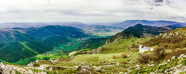 The green Vipava Valley from the Nanos plateau. Church of St.Jerome in the right corner. 