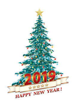 Happy New Year and Merry Christmas  2019 with a festive Christmas tree, white background, date in 3D image