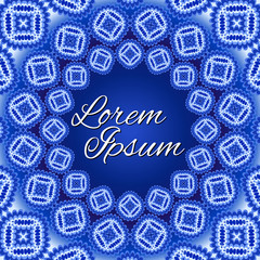 Abstract geometric pattern. Round frame on blue background. Template for party invitation, greeting card, postcard, birthday. Vector illustration. Place for your text