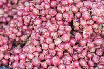 Background and texture of shallot. Pile of shallot in fresh market. Shallot for food ingredient.