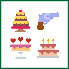4 reception icon. Vector illustration reception set. wedding cake and revolver icons for reception works