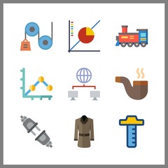 9 line icon. Vector illustration line set. ruler and locomotive icons for line works