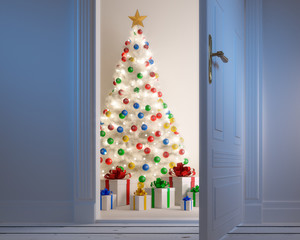 Fototapeta premium Weißer Weihnachtsbaum mit offener Tür im Zimmer