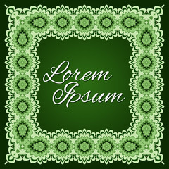 Abstract geometric pattern. Square green frame on dark background. Template for party invitation, greeting card, postcard, birthday. Vector illustration. Place for your text