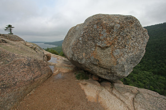 Bubble Rock, a precariously perched boulder in Acadia National Park, Maine.