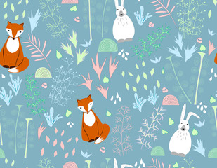 Flat seamless vector illustration with flowers and cartoon animals. The fox, rabbit, hare. Ornaments, ornaments, decorative. Multicolored patterns.