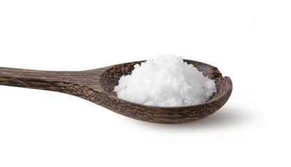 salt in wood spoon isolated on white backgrpond