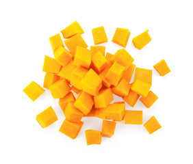 A group of cut and slice butternut squash chunks on a white background